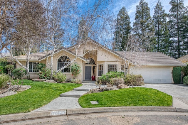 ranch-style home with an attached garage, a tile roof, driveway, stucco siding, and a front yard