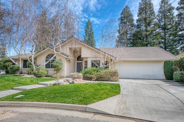 ranch-style house with an attached garage, driveway, a tiled roof, stucco siding, and a front yard