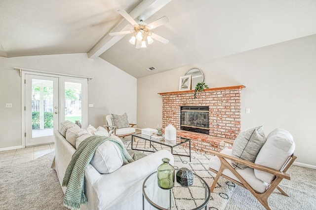 tiled living room featuring a brick fireplace, carpet flooring, vaulted ceiling with beams, and visible vents