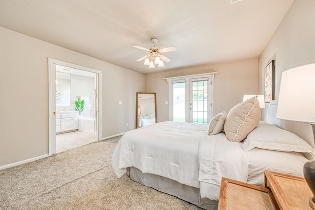 carpeted bedroom with a ceiling fan, access to outside, baseboards, and connected bathroom