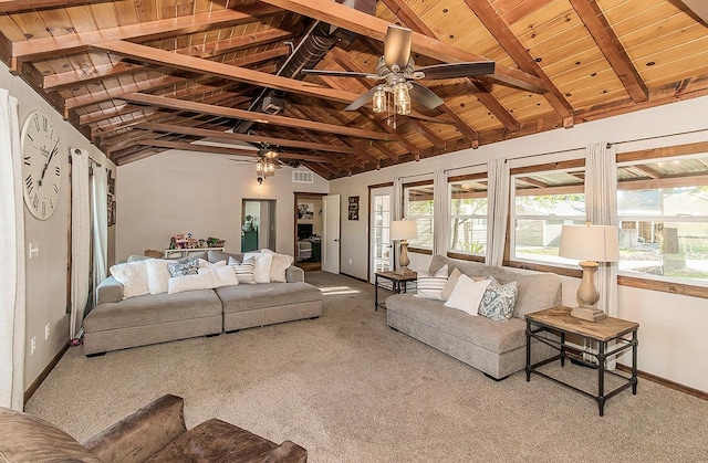 carpeted living room featuring visible vents, lofted ceiling with beams, wooden ceiling, and a wealth of natural light