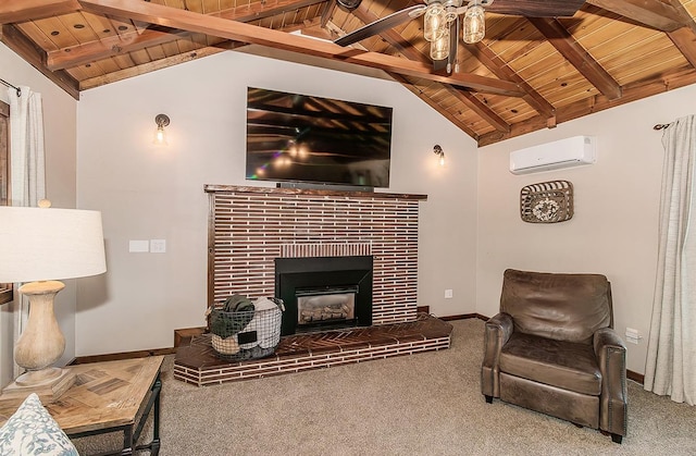 carpeted living area with wood ceiling, a fireplace, baseboards, and an AC wall unit