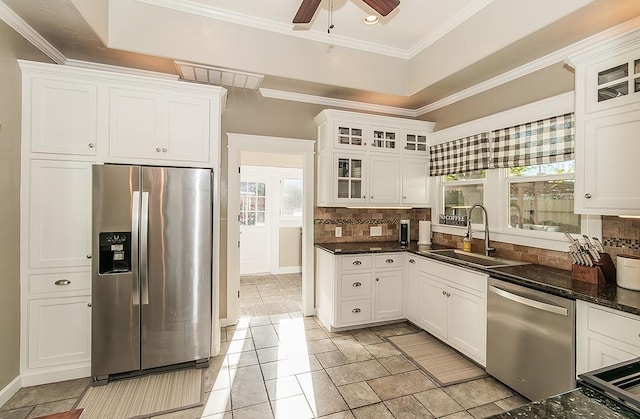 kitchen featuring a sink, ornamental molding, appliances with stainless steel finishes, decorative backsplash, and a raised ceiling