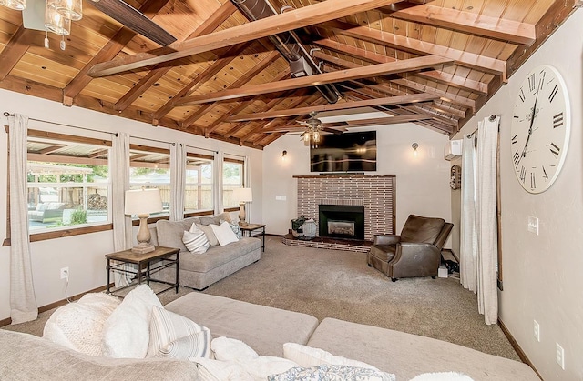 living room featuring baseboards, lofted ceiling with beams, wooden ceiling, carpet flooring, and a fireplace