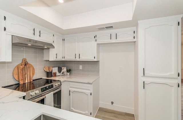720 E Magill Ave, Fresno, CA 93710 - kitchen featuring electric range, under cabinet range hood, light stone counters, and white cabinets