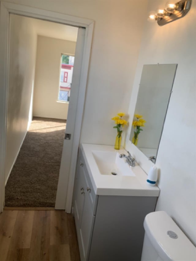 half bath with toilet, wood finished floors, and vanity