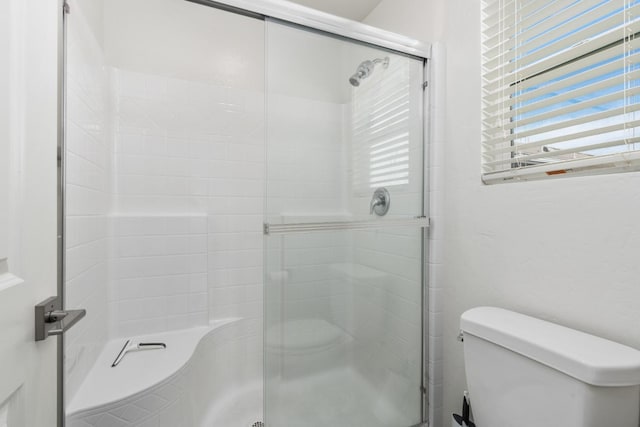 bathroom featuring toilet and a shower with door