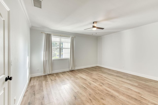 unfurnished room featuring visible vents, baseboards, light wood-style flooring, ceiling fan, and ornamental molding