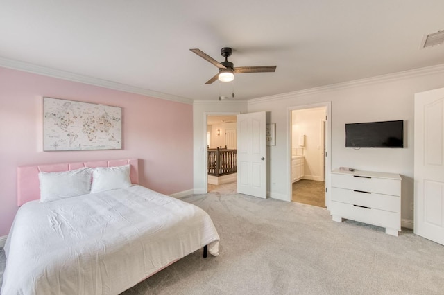 bedroom with ceiling fan, light carpet, visible vents, baseboards, and crown molding