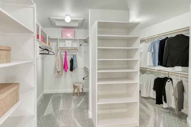 spacious closet with attic access and carpet