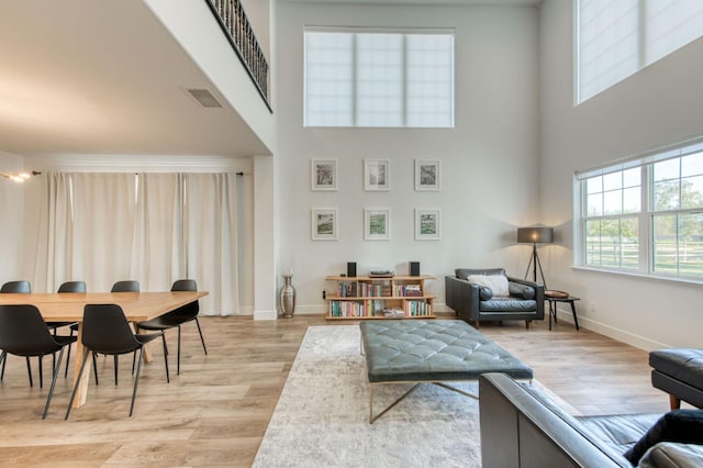 living room with light wood-type flooring, a wealth of natural light, and baseboards