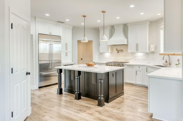 kitchen with decorative backsplash, a kitchen island, stainless steel appliances, premium range hood, and a sink