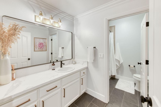 full bathroom with toilet, ornamental molding, vanity, baseboards, and tile patterned floors