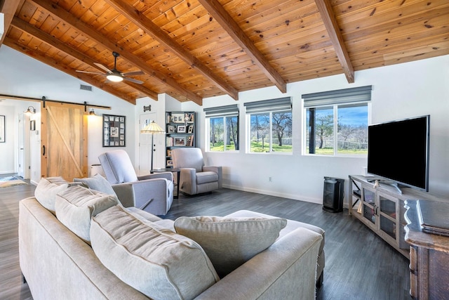 living room featuring wooden ceiling, dark wood-style floors, a barn door, and beamed ceiling