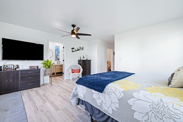 bedroom with light wood-style floors and ceiling fan