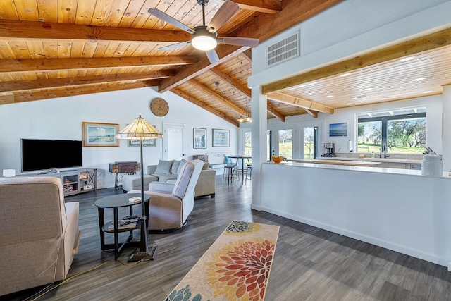 living area featuring vaulted ceiling with beams, wooden ceiling, dark wood-style flooring, visible vents, and a ceiling fan