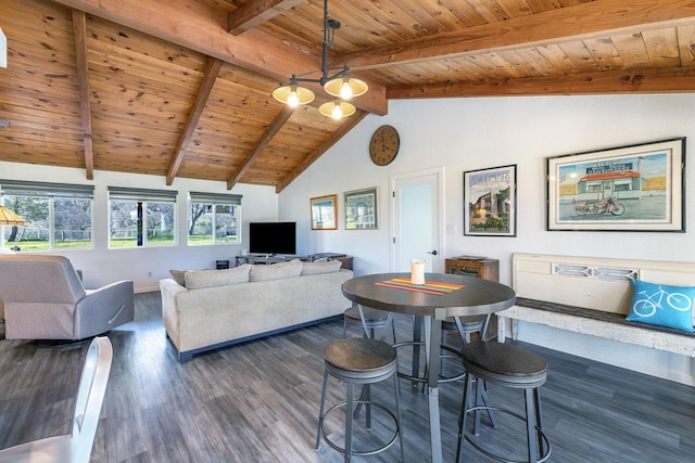 living area featuring beamed ceiling, dark wood-style flooring, high vaulted ceiling, and wood ceiling