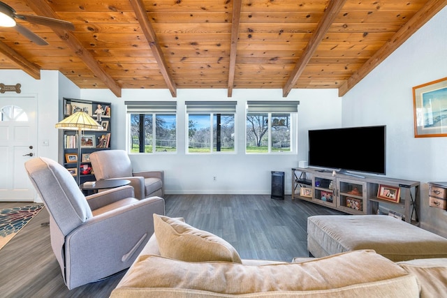 living area with vaulted ceiling with beams, plenty of natural light, wood finished floors, and wood ceiling