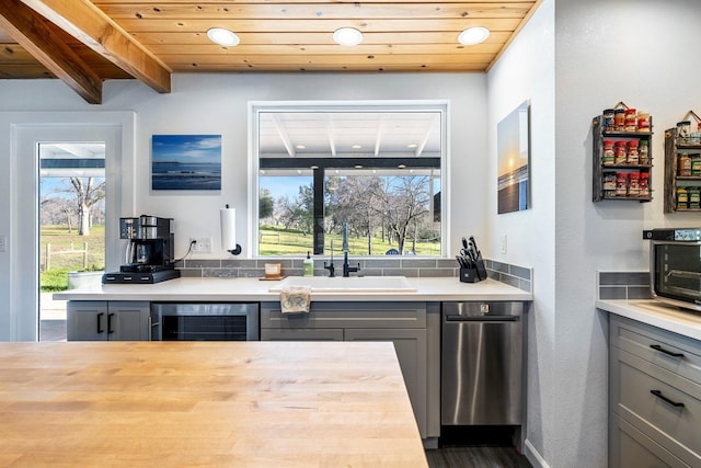 bar with wine cooler, a sink, and wood ceiling