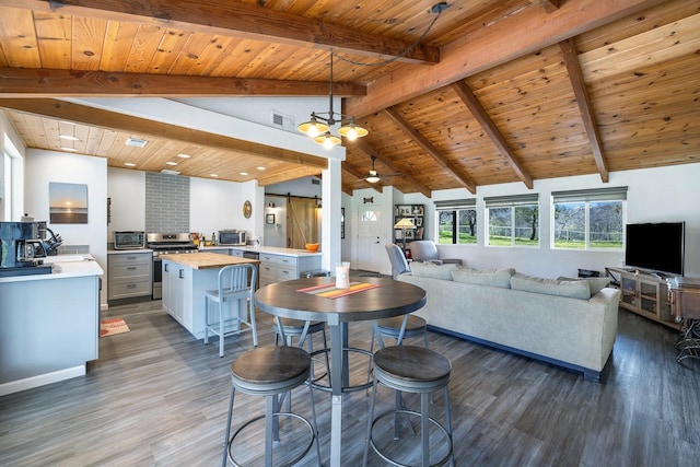 interior space with vaulted ceiling with beams, wood ceiling, visible vents, and dark wood-style flooring