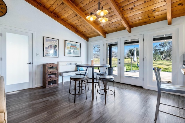 dining area with vaulted ceiling with beams, french doors, dark wood-style flooring, and wooden ceiling