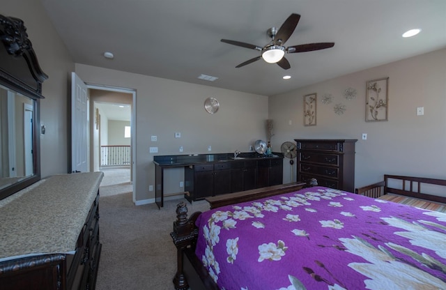 bedroom with ceiling fan, recessed lighting, carpet flooring, visible vents, and baseboards