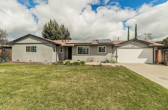 ranch-style home with a garage, fence, driveway, crawl space, and a front lawn