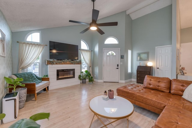 living room with a healthy amount of sunlight, vaulted ceiling, wood finished floors, and a glass covered fireplace