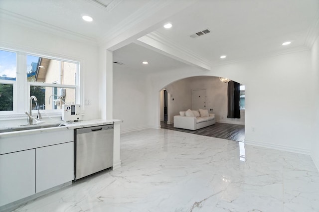 kitchen featuring arched walkways, ornamental molding, marble finish floor, stainless steel dishwasher, and a sink