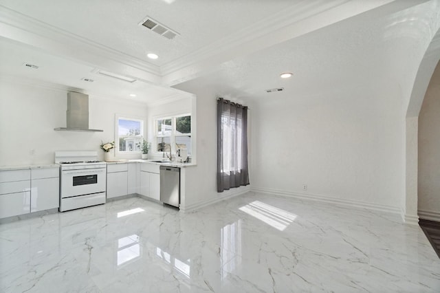 kitchen with visible vents, stainless steel dishwasher, modern cabinets, white range with gas stovetop, and wall chimney exhaust hood