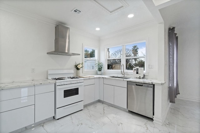 kitchen featuring visible vents, a sink, white range with gas stovetop, dishwasher, and wall chimney exhaust hood