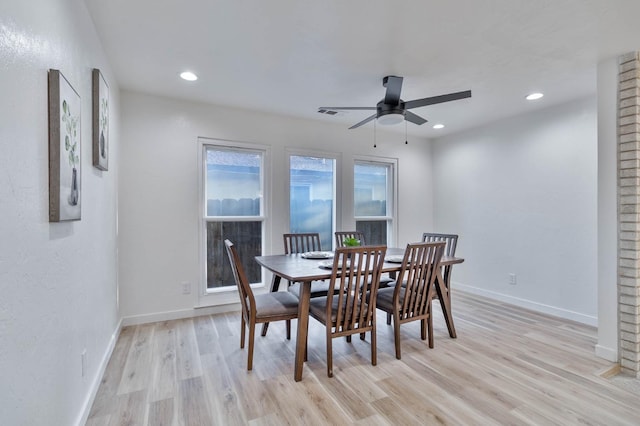 dining area featuring light wood-style floors, recessed lighting, baseboards, and a ceiling fan