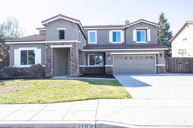 traditional home featuring stucco siding, a front lawn, stone siding, fence, and concrete driveway