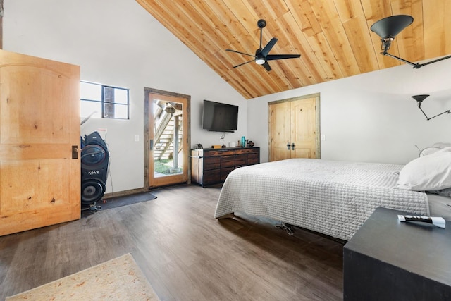 bedroom with wooden ceiling, ceiling fan, wood finished floors, access to outside, and high vaulted ceiling