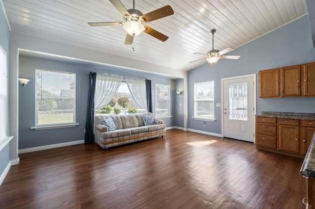 living area with lofted ceiling, wooden ceiling, dark wood finished floors, and baseboards