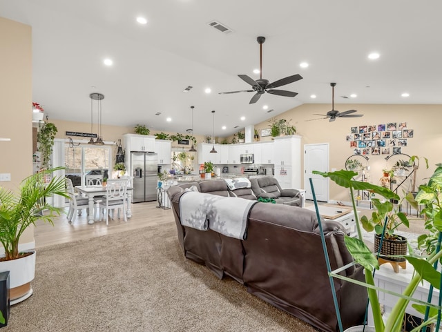 40023 Woodsong Way, Oakhurst, CA 93644 - living room featuring light wood-style floors, recessed lighting, visible vents, and vaulted ceiling