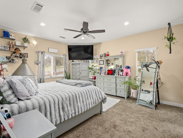 40023 Woodsong Way, Oakhurst, CA 93644 - bedroom featuring baseboards, visible vents, a ceiling fan, carpet flooring, and recessed lighting