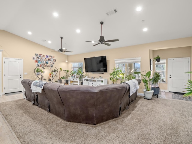 40023 Woodsong Way, Oakhurst, CA 93644 - living room with lofted ceiling, ceiling fan, light wood-style flooring, recessed lighting, and visible vents