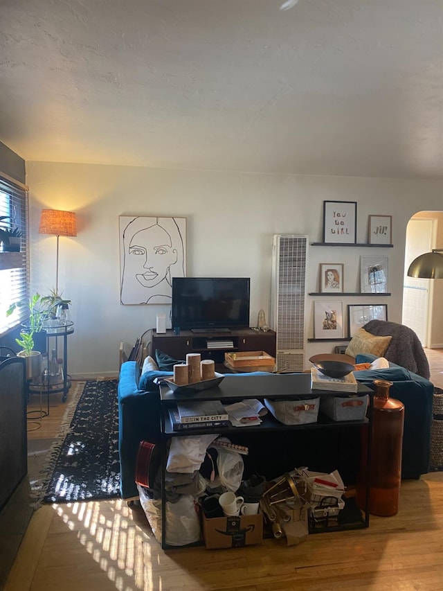 living room featuring arched walkways and wood finished floors