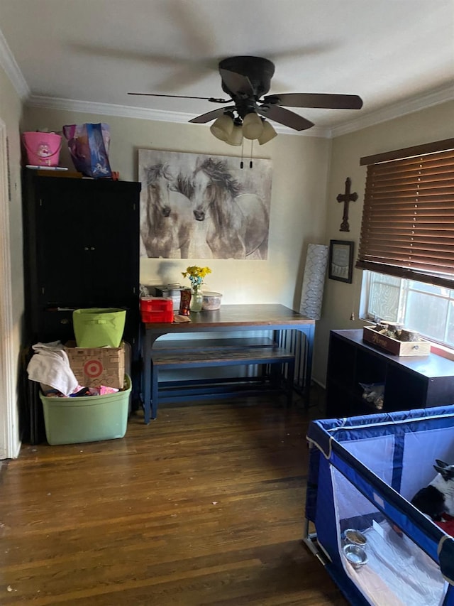 bedroom featuring crown molding, a ceiling fan, and wood finished floors