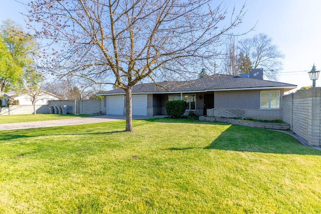 ranch-style house featuring brick siding, an attached garage, a front yard, fence, and driveway