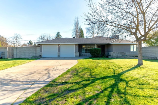 ranch-style home with an attached garage, fence, concrete driveway, and a front yard