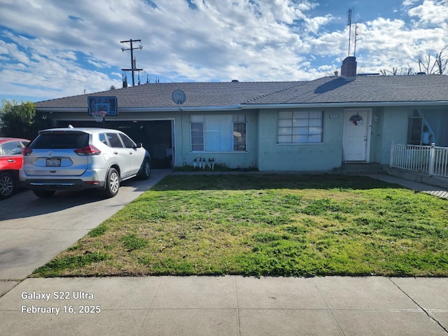 single story home featuring a chimney, stucco siding, concrete driveway, a garage, and a front lawn