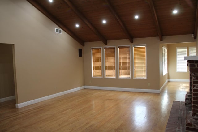 unfurnished room featuring wooden ceiling, baseboards, visible vents, and beamed ceiling