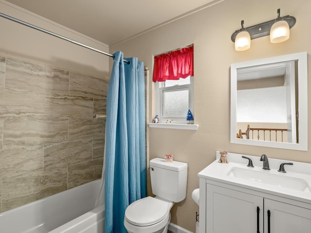 bathroom with vanity, toilet, and shower / bathtub combination with curtain