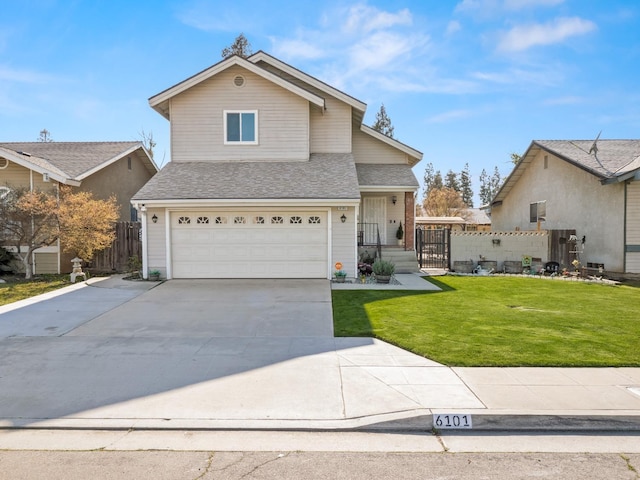 view of front of property featuring a shingled roof, concrete driveway, an attached garage, fence, and a front lawn