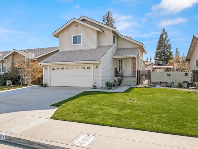 view of front of home featuring roof with shingles, concrete driveway, fence, a garage, and a front lawn