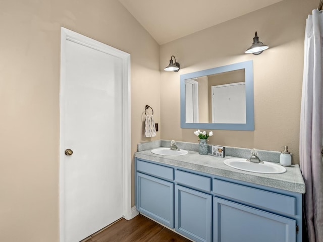 bathroom with double vanity, a sink, and wood finished floors