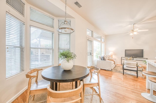 dining room with a ceiling fan, visible vents, light wood-style flooring, and baseboards