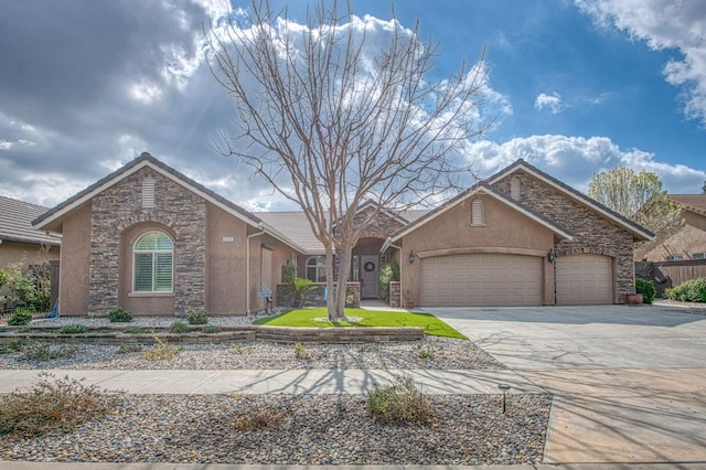 view of front facade featuring a garage, stone siding, concrete driveway, and stucco siding